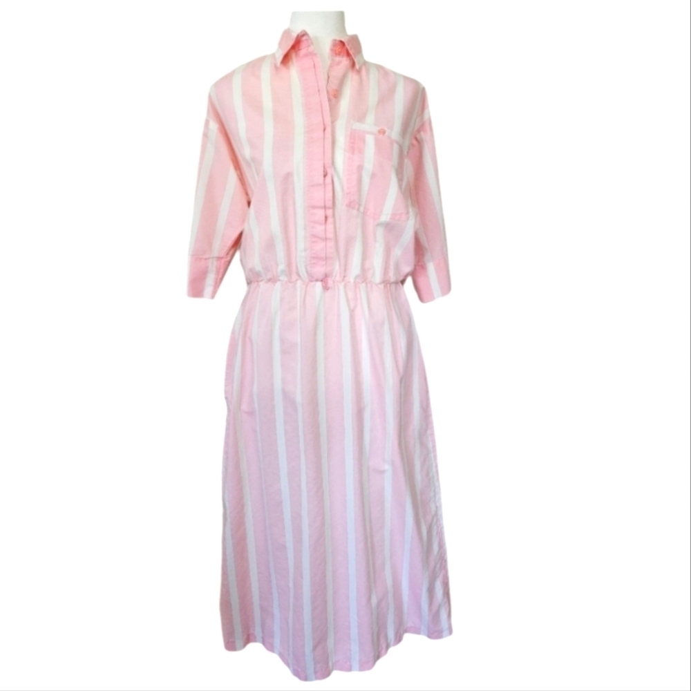 Vintage RHYMES Baby pink/white striped short-sleeved shirt midi dress. Size 8
